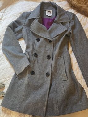 Anne Klein Gray Double-Breasted Peacoat with Purple Lining